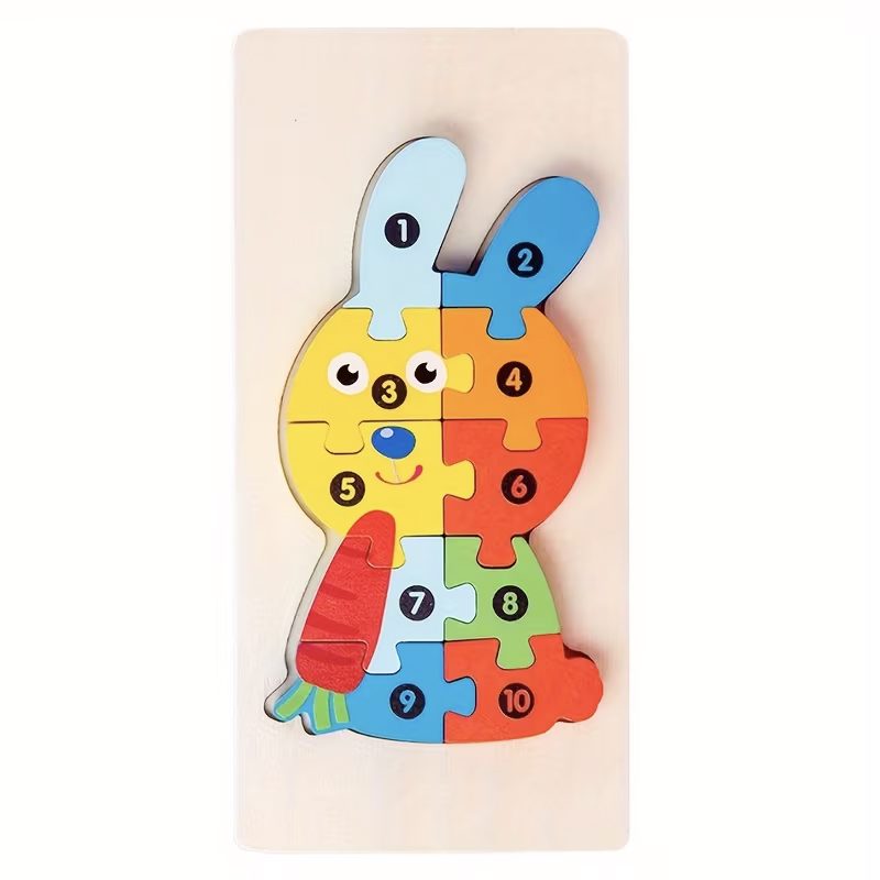 Puzzle din Lemn 3D Montessori, Jucarie Educativa pentru Copii, 0-3 Ani, Vopsea Ecologica, Dezvolta Motricitatea Fina, Coordonarea, Logica, 11 Piese, Model Iepure, Multicolor