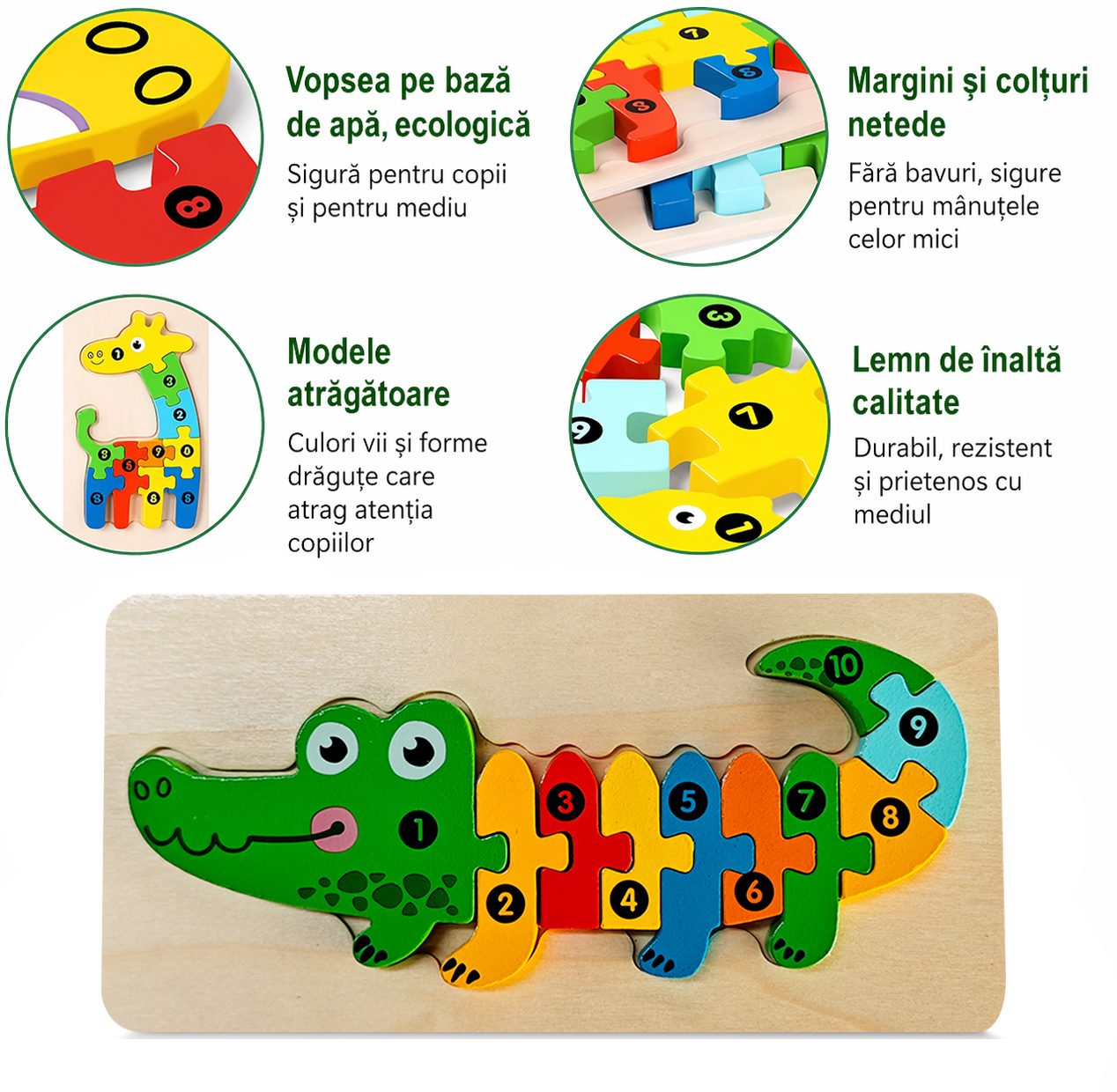 Puzzle din Lemn 3D Montessori, Jucarie Educativa pentru Copii, 0-3 Ani, Vopsea Ecologica, Dezvolta Motricitatea Fina, Coordonarea, Logica, 11 Piese, Model Crocodil, Multicolor