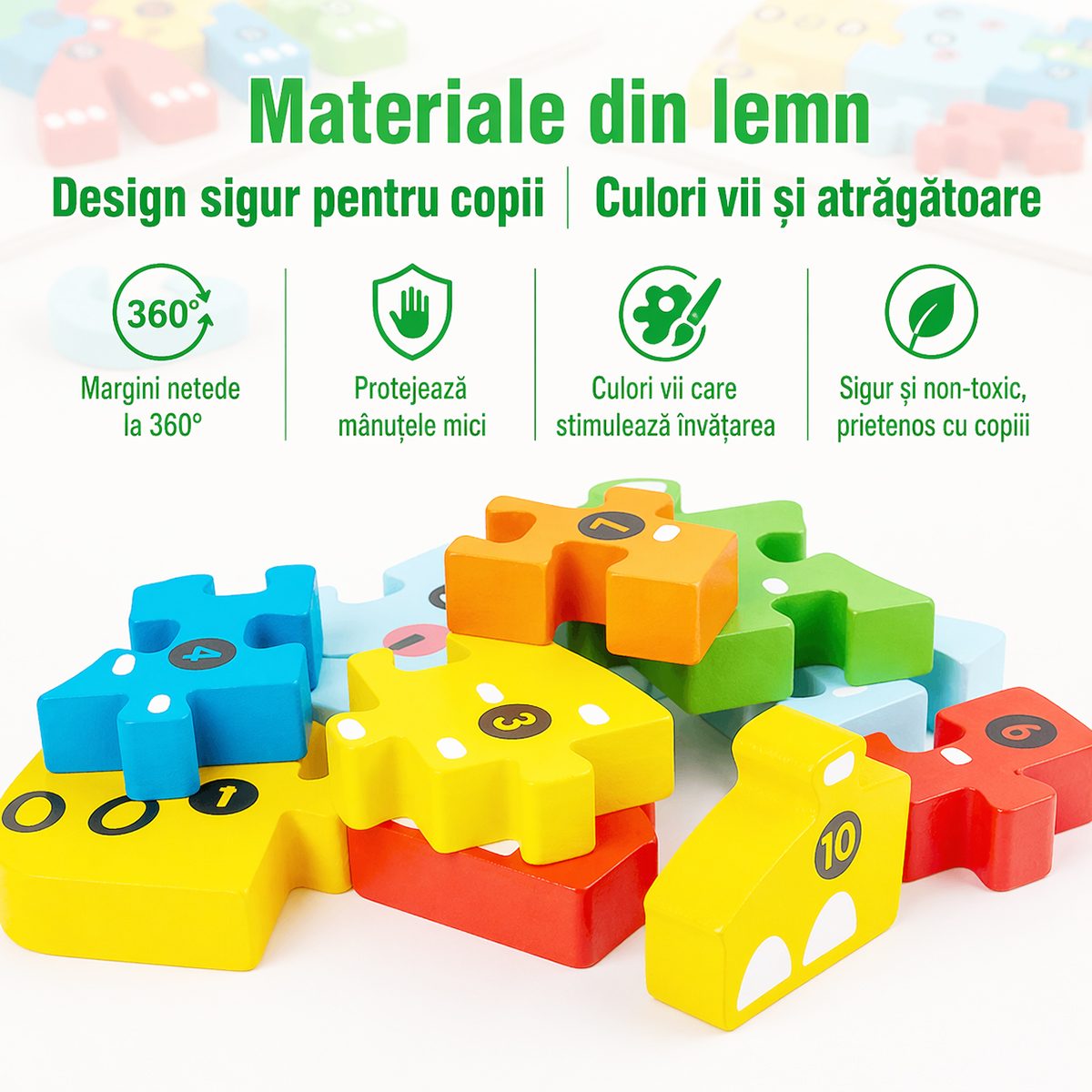 Puzzle din Lemn 3D Montessori, Jucarie Educativa pentru Copii, 0-3 Ani, Vopsea Ecologica, Dezvolta Motricitatea Fina, Coordonarea, Logica, 11 Piese, Model Crocodil, Multicolor