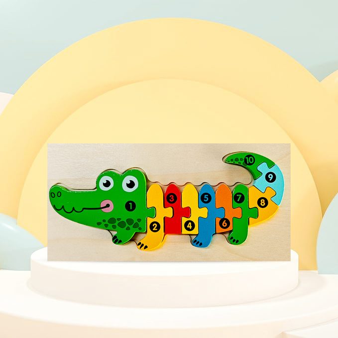 Puzzle din Lemn 3D Montessori, Jucarie Educativa pentru Copii, 0-3 Ani, Vopsea Ecologica, Dezvolta Motricitatea Fina, Coordonarea, Logica, 11 Piese, Model Crocodil, Multicolor