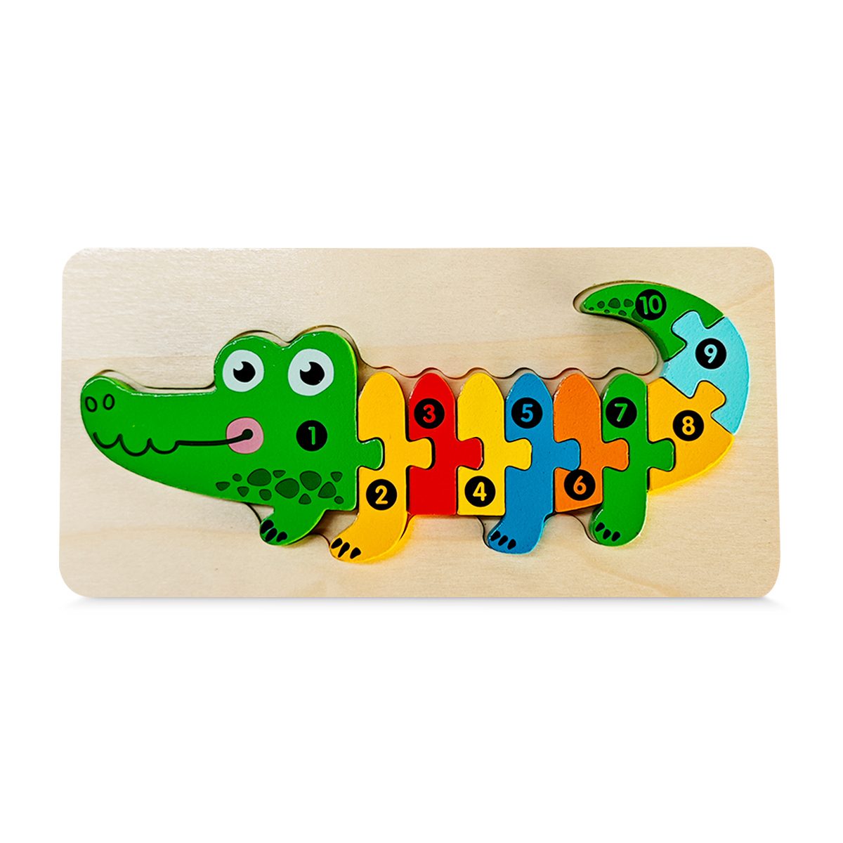 Puzzle din Lemn 3D Montessori, Jucarie Educativa pentru Copii, 0-3 Ani, Vopsea Ecologica, Dezvolta Motricitatea Fina, Coordonarea, Logica, 11 Piese, Model Crocodil, Multicolor