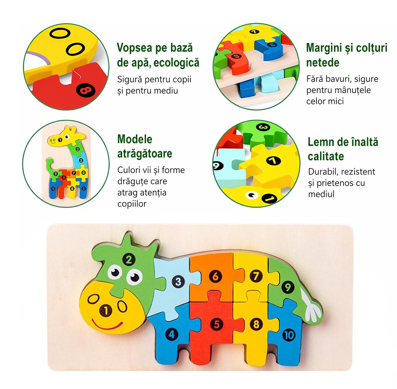 Puzzle din Lemn 3D Montessori, Jucarie Educativa pentru Copii, 0-3 Ani, Vopsea Ecologica, Dezvolta Motricitatea Fina, Coordonarea, Logica, 11 Piese, Model Vacuta, Multicolor