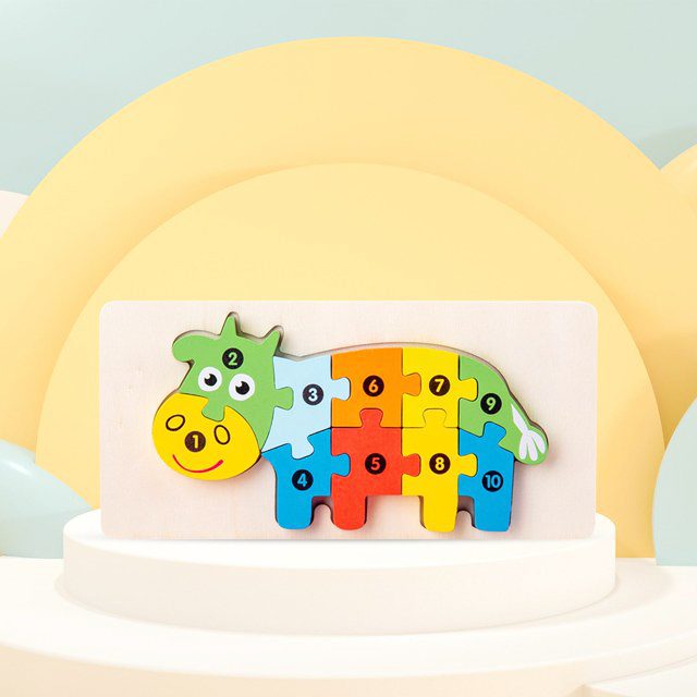 Puzzle din Lemn 3D Montessori, Jucarie Educativa pentru Copii, 0-3 Ani, Vopsea Ecologica, Dezvolta Motricitatea Fina, Coordonarea, Logica, 11 Piese, Model Vacuta, Multicolor