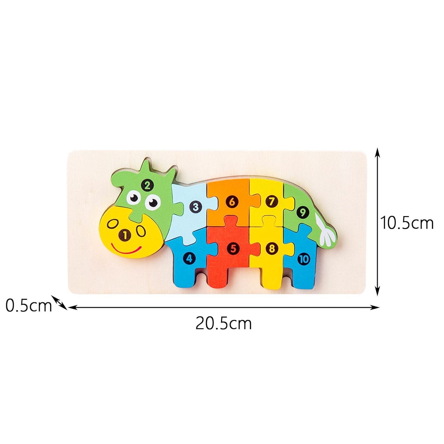 Puzzle din Lemn 3D Montessori, Jucarie Educativa pentru Copii, 0-3 Ani, Vopsea Ecologica, Dezvolta Motricitatea Fina, Coordonarea, Logica, 11 Piese, Model Vacuta, Multicolor