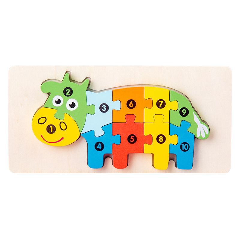Puzzle din Lemn 3D Montessori, Jucarie Educativa pentru Copii, 0-3 Ani, Vopsea Ecologica, Dezvolta Motricitatea Fina, Coordonarea, Logica, 11 Piese, Model Vacuta, Multicolor