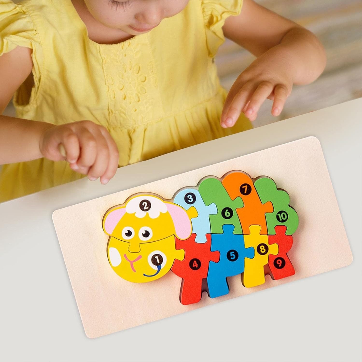 Puzzle din Lemn 3D Montessori, Jucarie Educativa pentru Copii, 0-3 Ani, Vopsea Ecologica, Dezvolta Motricitatea Fina, Coordonarea, Logica, 11 Piese, Model Oaie, Multicolor
