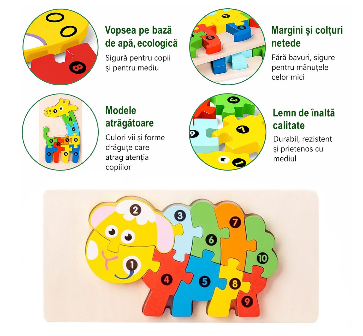 Puzzle din Lemn 3D Montessori, Jucarie Educativa pentru Copii, 0-3 Ani, Vopsea Ecologica, Dezvolta Motricitatea Fina, Coordonarea, Logica, 11 Piese, Model Oaie, Multicolor