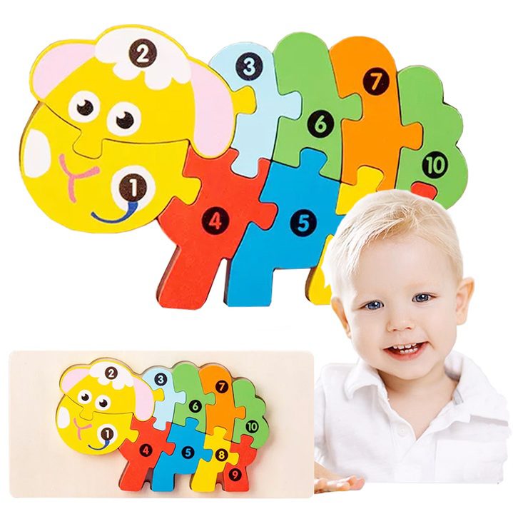 Puzzle din Lemn 3D Montessori, Jucarie Educativa pentru Copii, 0-3 Ani, Vopsea Ecologica, Dezvolta Motricitatea Fina, Coordonarea, Logica, 11 Piese, Model Oaie, Multicolor