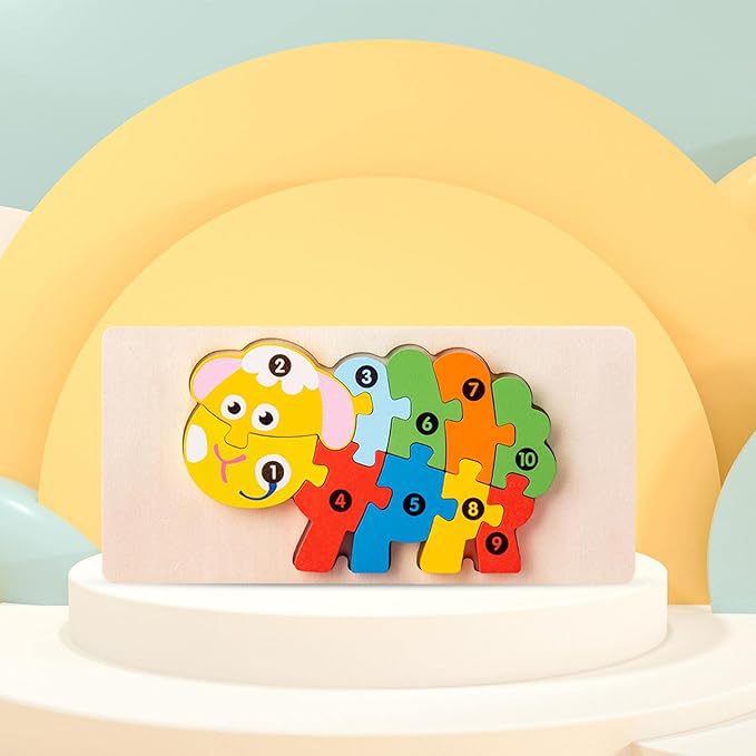 Puzzle din Lemn 3D Montessori, Jucarie Educativa pentru Copii, 0-3 Ani, Vopsea Ecologica, Dezvolta Motricitatea Fina, Coordonarea, Logica, 11 Piese, Model Oaie, Multicolor