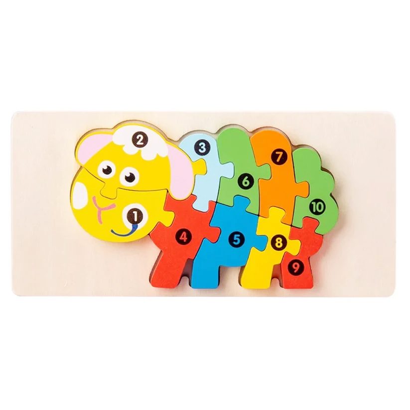 Puzzle din Lemn 3D Montessori, Jucarie Educativa pentru Copii, 0-3 Ani, Vopsea Ecologica, Dezvolta Motricitatea Fina, Coordonarea, Logica, 11 Piese, Model Oaie, Multicolor