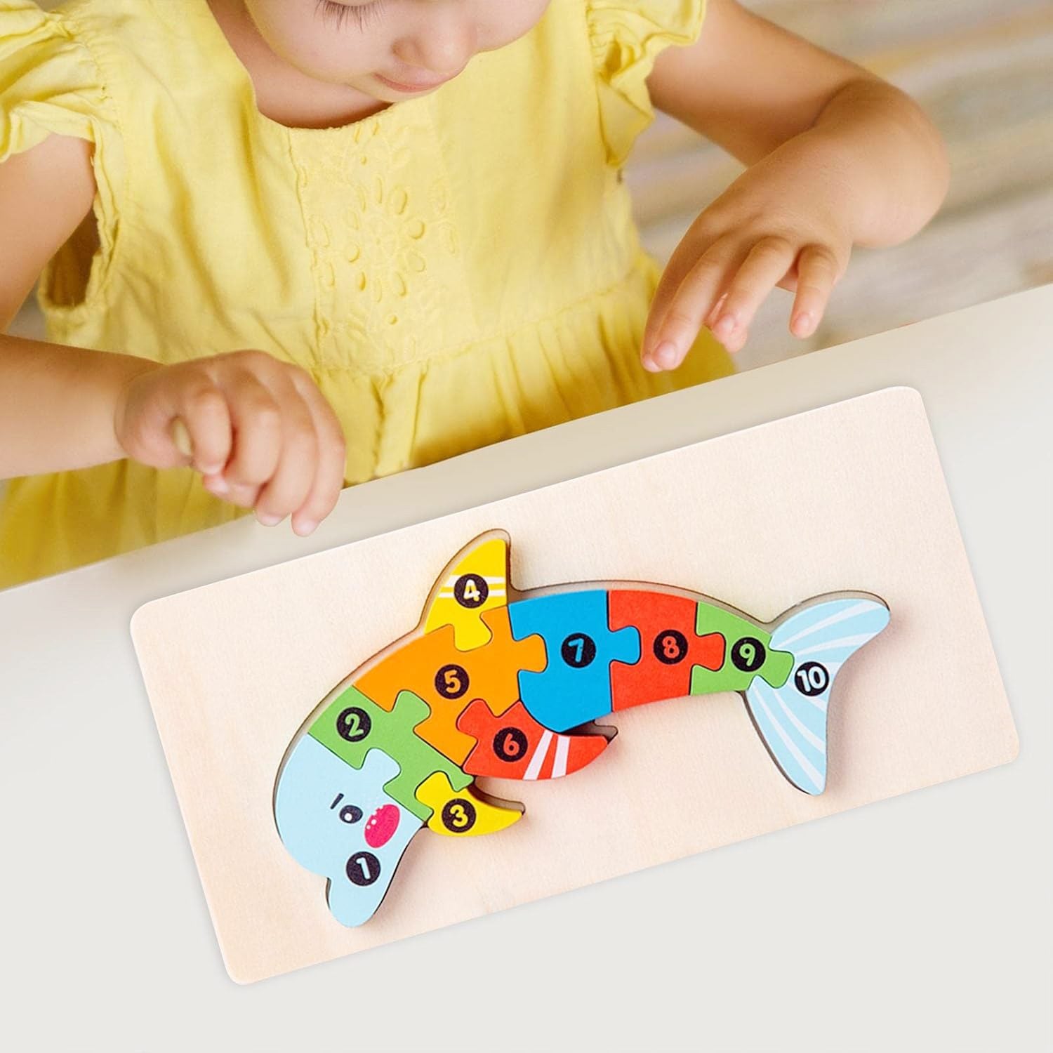Puzzle din Lemn 3D Montessori, Jucarie Educativa pentru Copii, 0-3 Ani, Vopsea Ecologica, Dezvolta Motricitatea Fina, Coordonarea, Logica, 11 Piese, Model Delfin, Multicolor