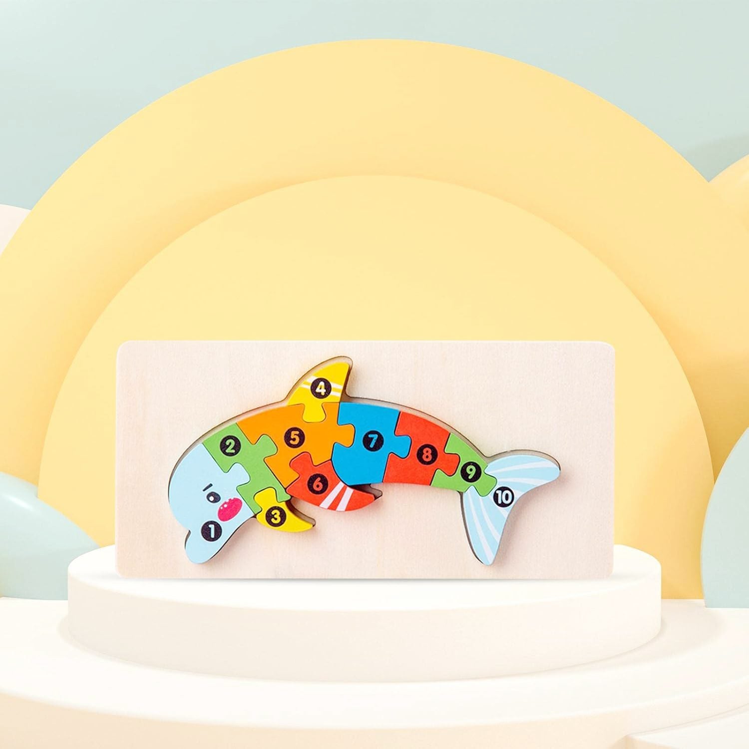Puzzle din Lemn 3D Montessori, Jucarie Educativa pentru Copii, 0-3 Ani, Vopsea Ecologica, Dezvolta Motricitatea Fina, Coordonarea, Logica, 11 Piese, Model Delfin, Multicolor