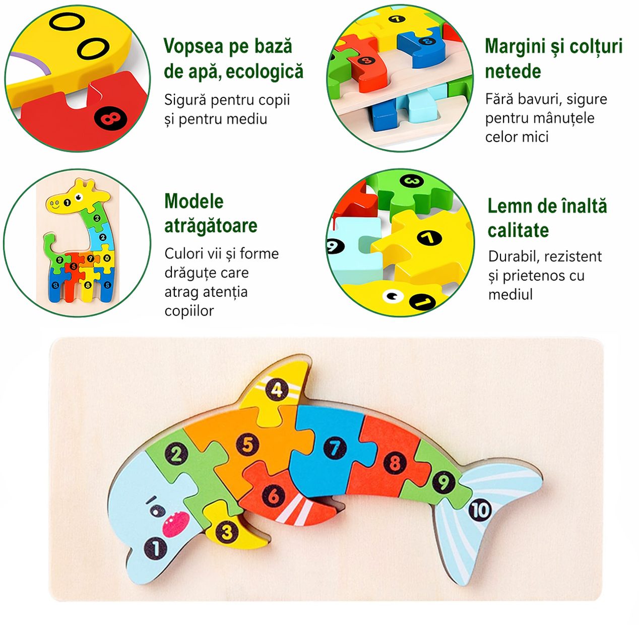 Puzzle din Lemn 3D Montessori, Jucarie Educativa pentru Copii, 0-3 Ani, Vopsea Ecologica, Dezvolta Motricitatea Fina, Coordonarea, Logica, 11 Piese, Model Delfin, Multicolor