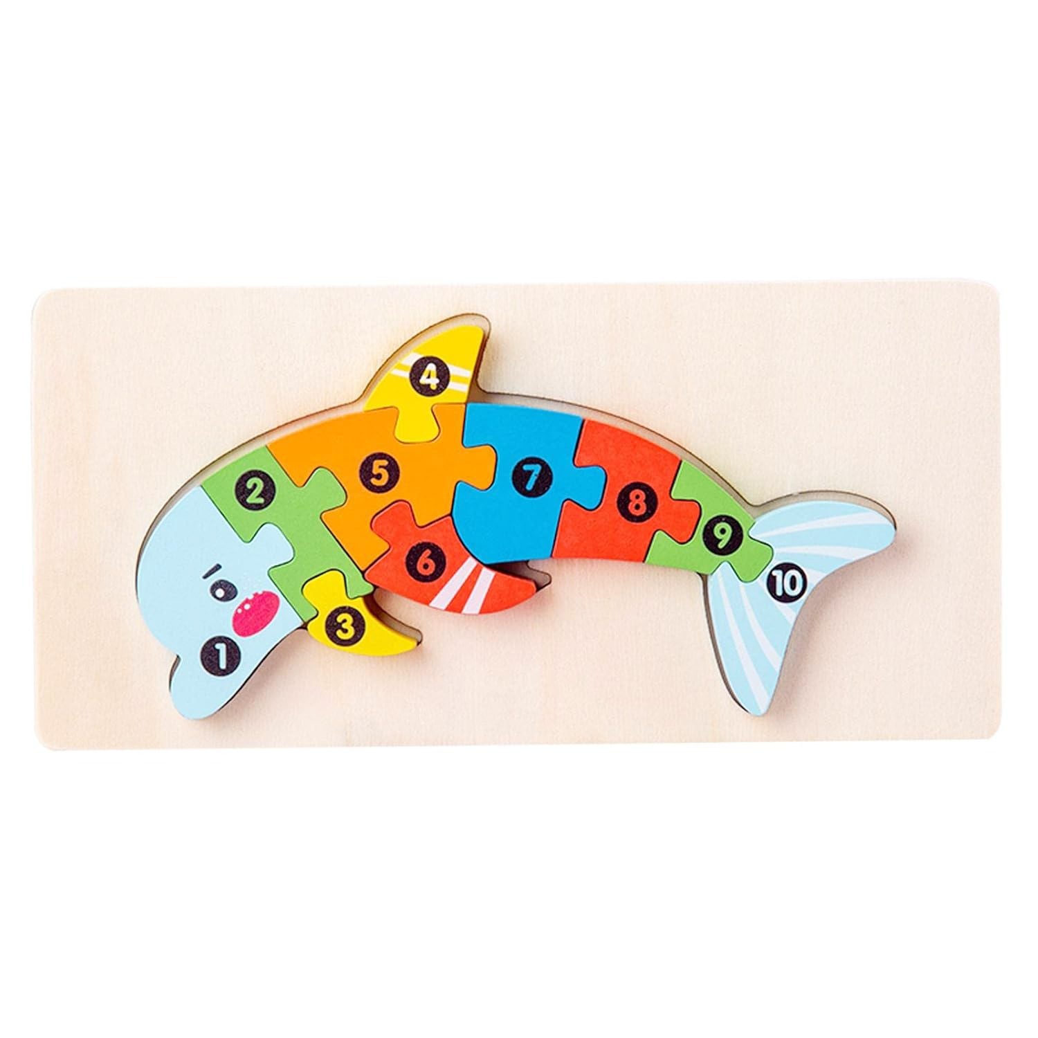 Puzzle din Lemn 3D Montessori, Jucarie Educativa pentru Copii, 0-3 Ani, Vopsea Ecologica, Dezvolta Motricitatea Fina, Coordonarea, Logica, 11 Piese, Model Delfin, Multicolor