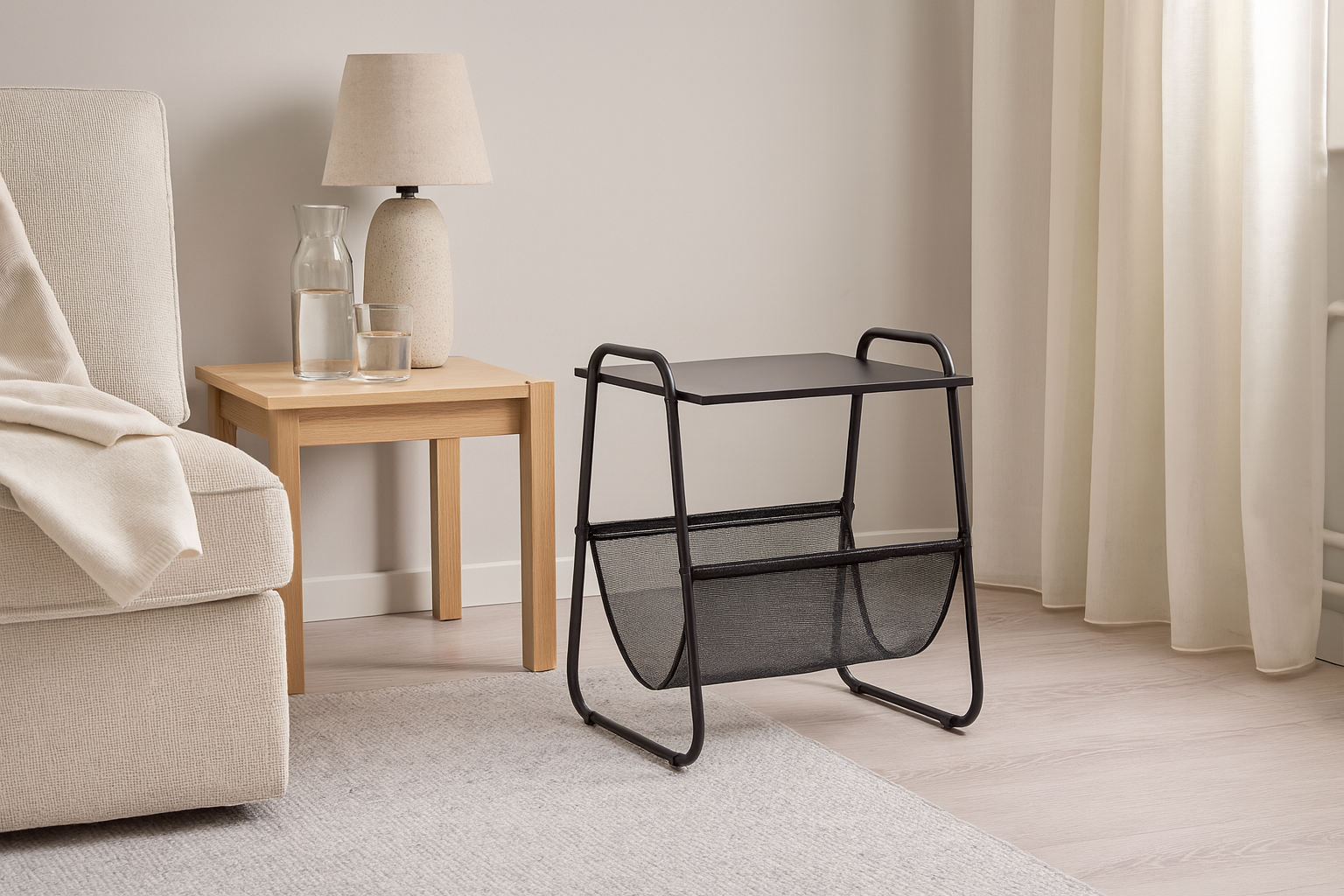 Masuta laterala cu suport reviste 40x40x55 cm, metal si lemn, negru