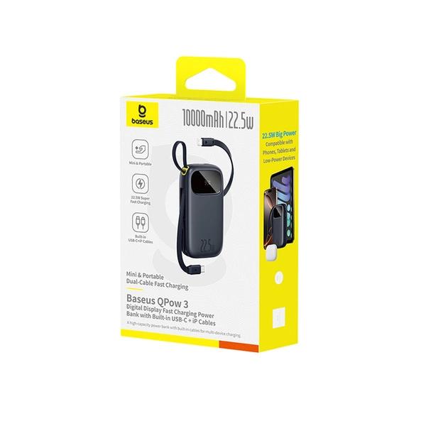 POWER BANK Baseus Qpow3, 10000mAh, 22.5W, 1 x USB, cablu integrat USB Type-C, cablu integrat Iphone Lightning, negru, "P10082106123-00" - 6932172691219