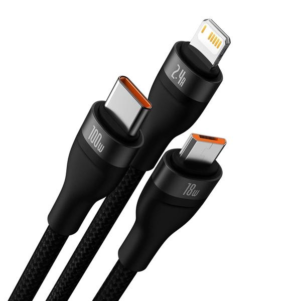 CABLU alimentare si date Baseus Flash, One-for-three Retractable, pt smartphone,USB la Micro-USB+Lightning + USB Type-C 100W, 1.2m, negru "CASS030001" - 6932172608712