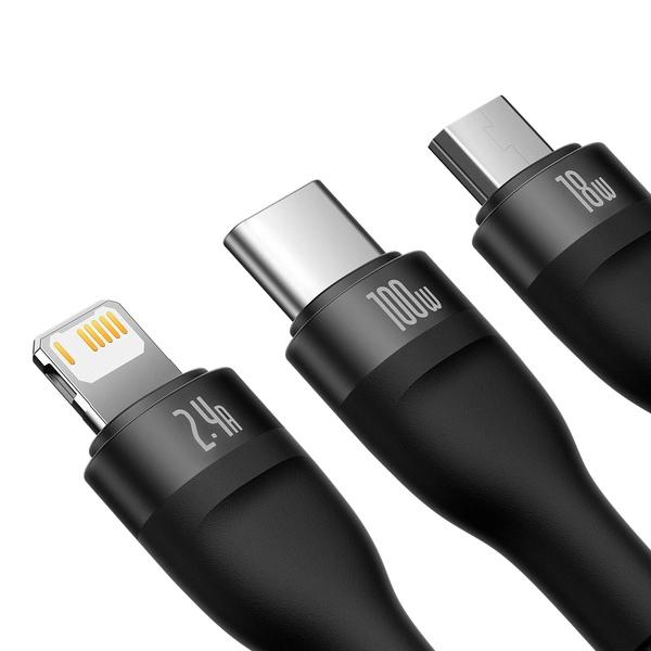 CABLU alimentare si date Baseus Flash, One-for-three Retractable, pt smartphone,USB la Micro-USB+Lightning + USB Type-C 100W, 1.2m, negru "CASS030001" - 6932172608712