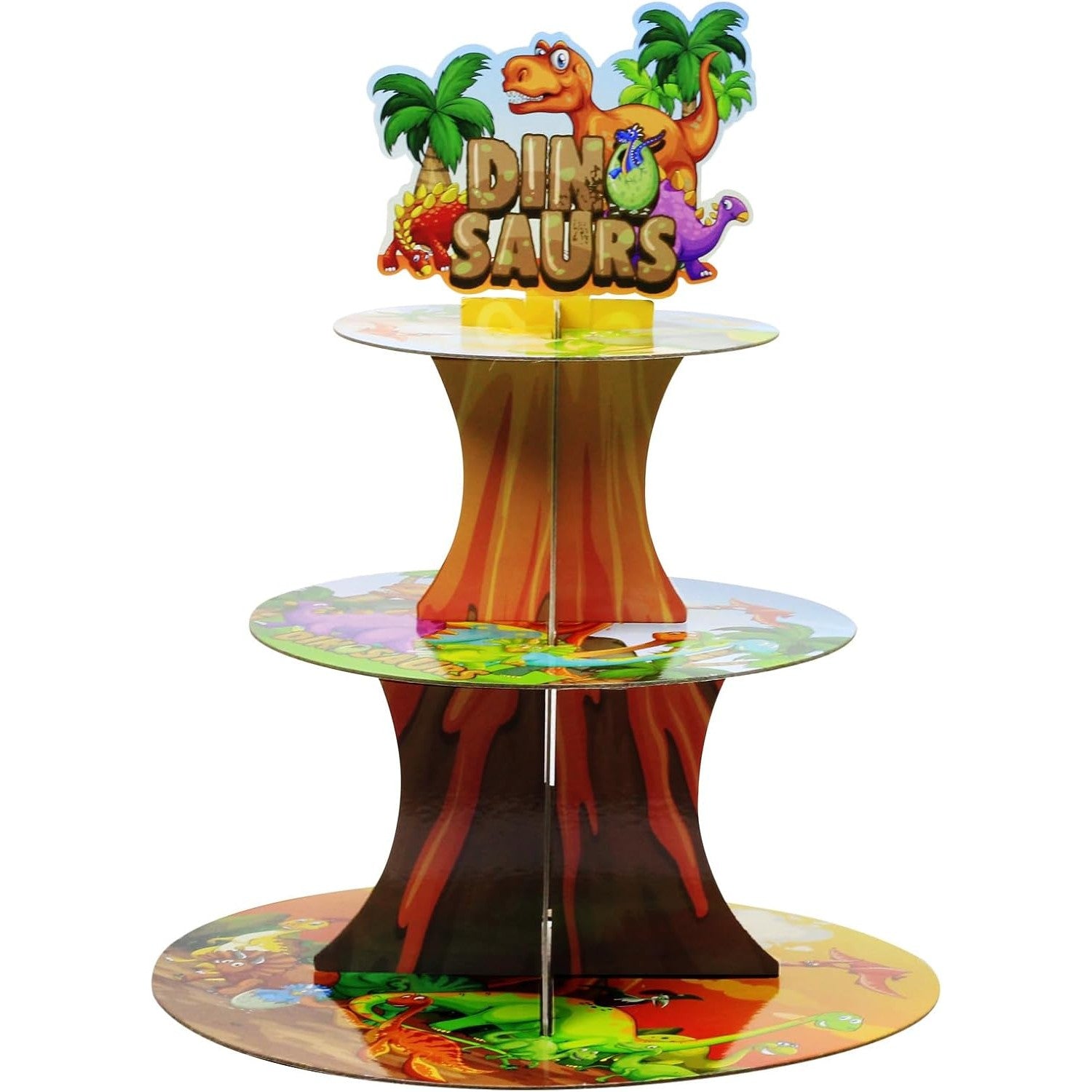 Etajera pentru Prajituri, din Carton, 3 Nivele, 16/22/29 cm Diametru, Inaltime 38 cm, Tema Dinozauri, Multicolor