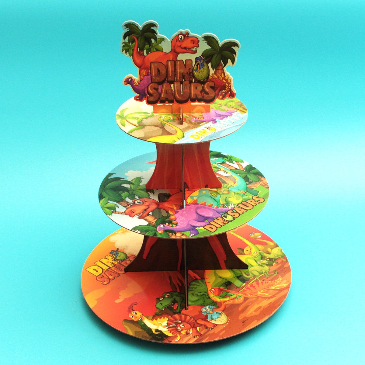 Etajera pentru Prajituri, din Carton, 3 Nivele, 16/22/29 cm Diametru, Inaltime 38 cm, Tema Dinozauri, Multicolor