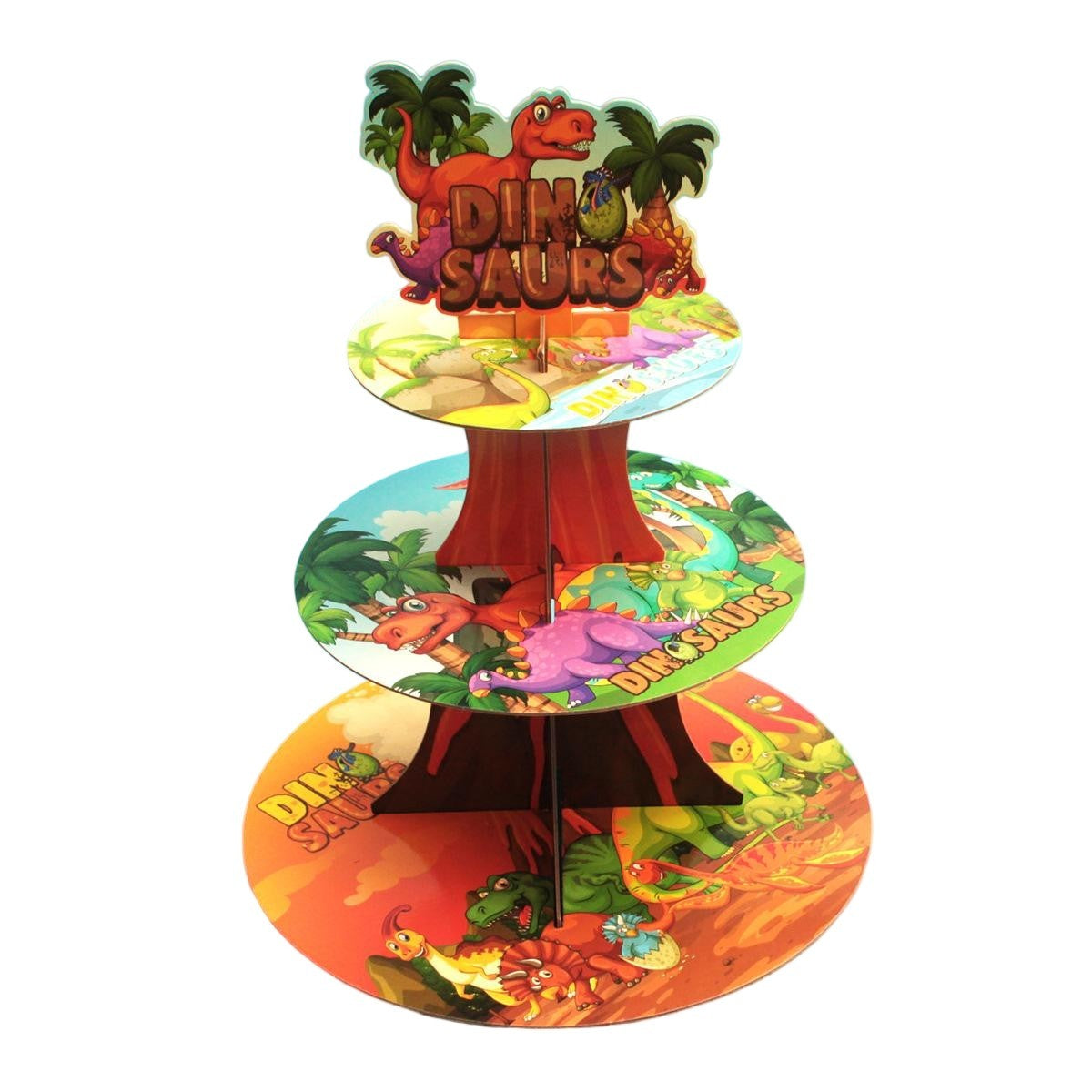 Etajera pentru Prajituri, din Carton, 3 Nivele, 16/22/29 cm Diametru, Inaltime 38 cm, Tema Dinozauri, Multicolor