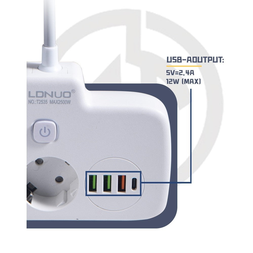 Adaptor Priza, 6 in 1, 2 Prize Standard, 3 Porturi USB, 1 Port Tip C, Buton Oprire, 2500W, din PC, Alb