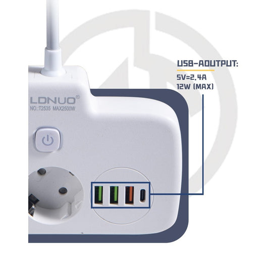 Adaptor Priza, Flippy, 6 in 1, 2 Prize Standard, 3 Porturi USB, 1 Port Tip C, Buton Oprire, 2500W, din PC, Alb