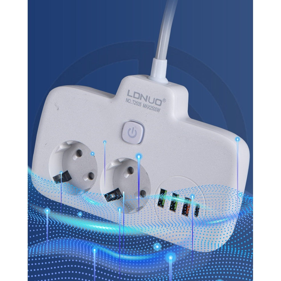Adaptor Priza, 6 in 1, 2 Prize Standard, 3 Porturi USB, 1 Port Tip C, Buton Oprire, 2500W, din PC, Alb