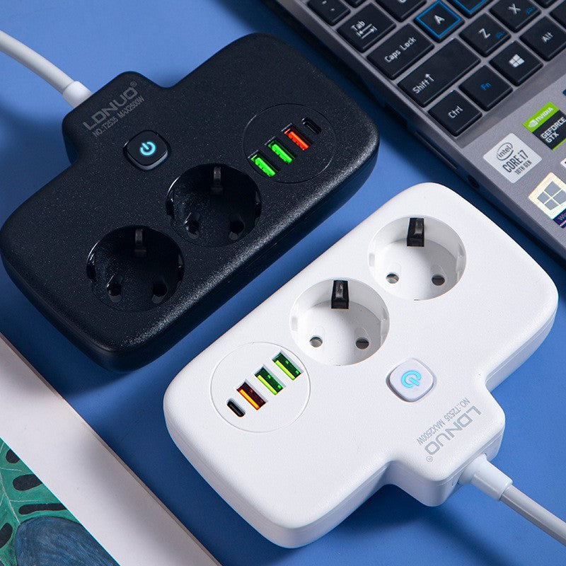 Adaptor Priza, 6 in 1, 2 Prize Standard, 3 Porturi USB, 1 Port Tip C, Buton Oprire, 2500W, din PC, Alb