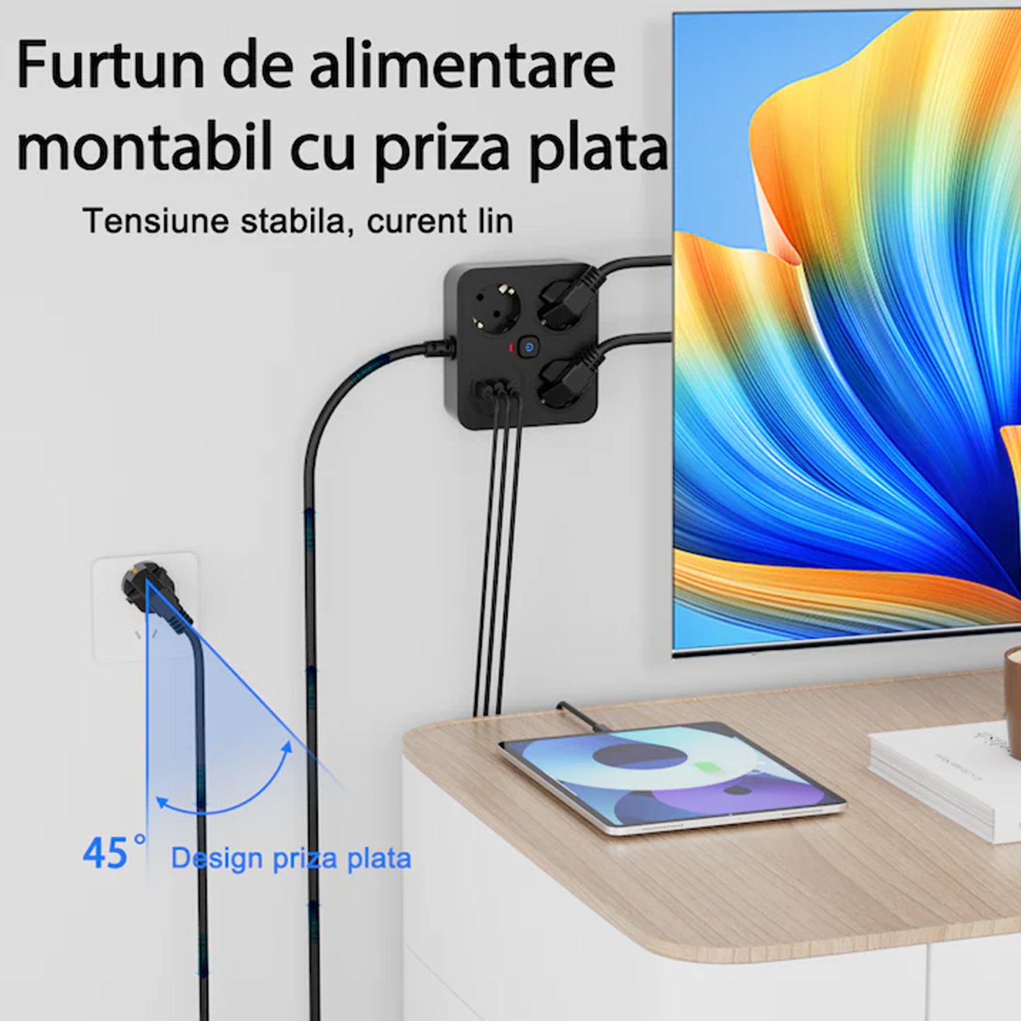 Prelungitor Multifunctional pentru Birou, 3 Prize, 2 USB-A, 2 TYPE-C, Suport pentru Telefon, 3250W, Lungime Cablu 2 m, 11.4 x 12.4 cm, Negru