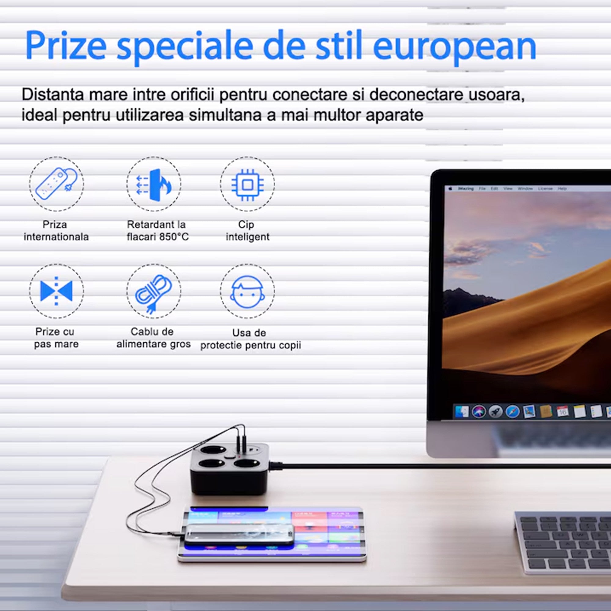 Prelungitor Multifunctional pentru Birou, 3 Prize, 2 USB-A, 2 TYPE-C, Suport pentru Telefon, 3250W, Lungime Cablu 2 m, 11.4 x 12.4 cm, Negru