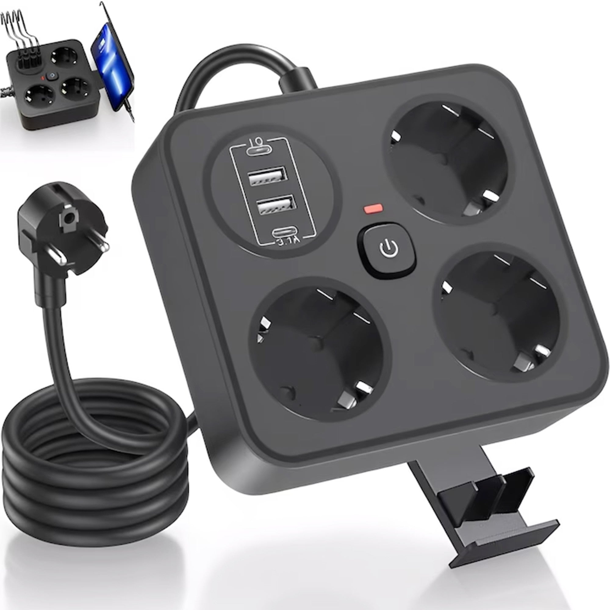 Prelungitor Multifunctional pentru Birou, 3 Prize, 2 USB-A, 2 TYPE-C, Suport pentru Telefon, 3250W, Lungime Cablu 2 m, 11.4 x 12.4 cm, Negru