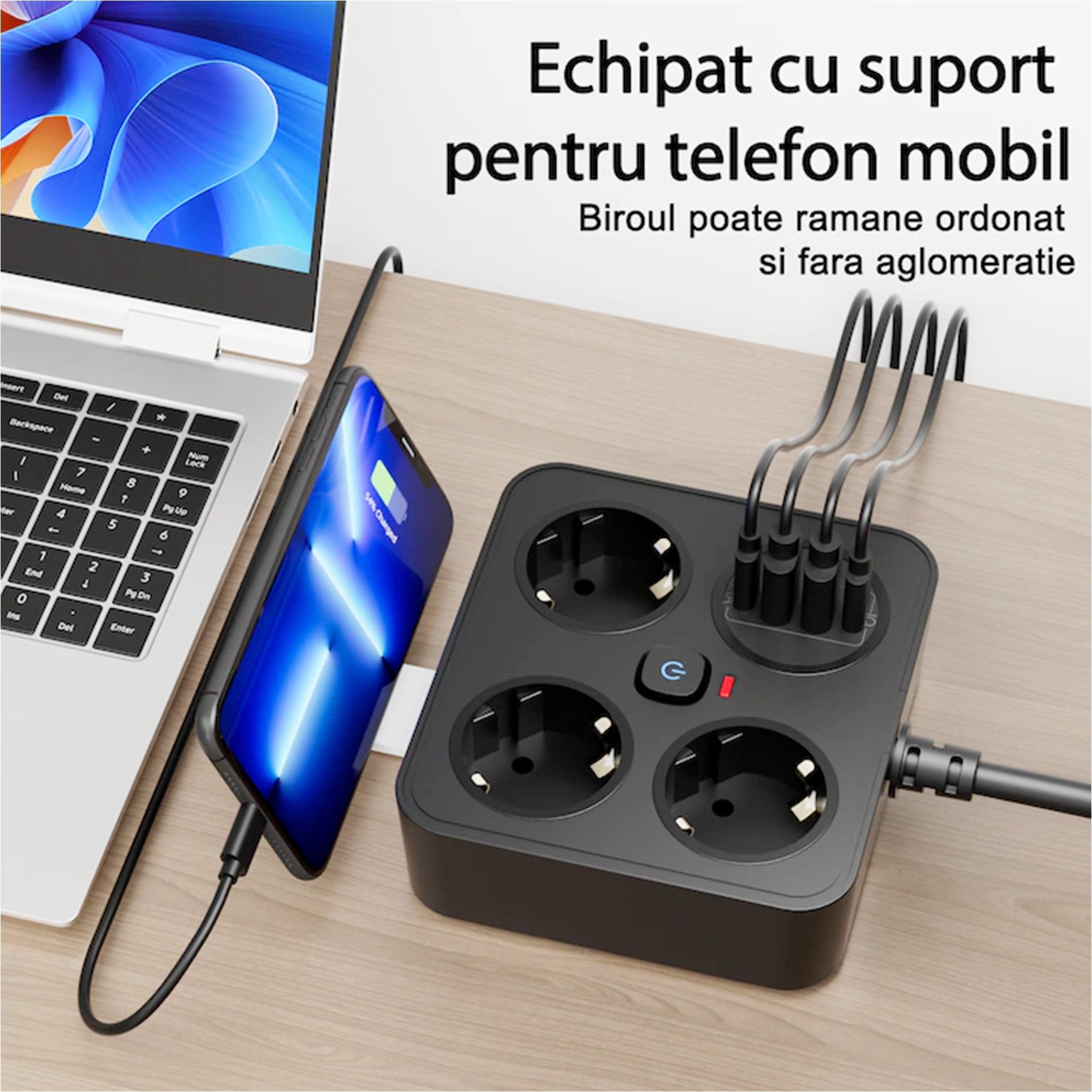 Prelungitor Multifunctional pentru Birou, 3 Prize, 2 USB-A, 2 TYPE-C, Suport pentru Telefon, 3250W, Lungime Cablu 2 m, 11.4 x 12.4 cm, Negru