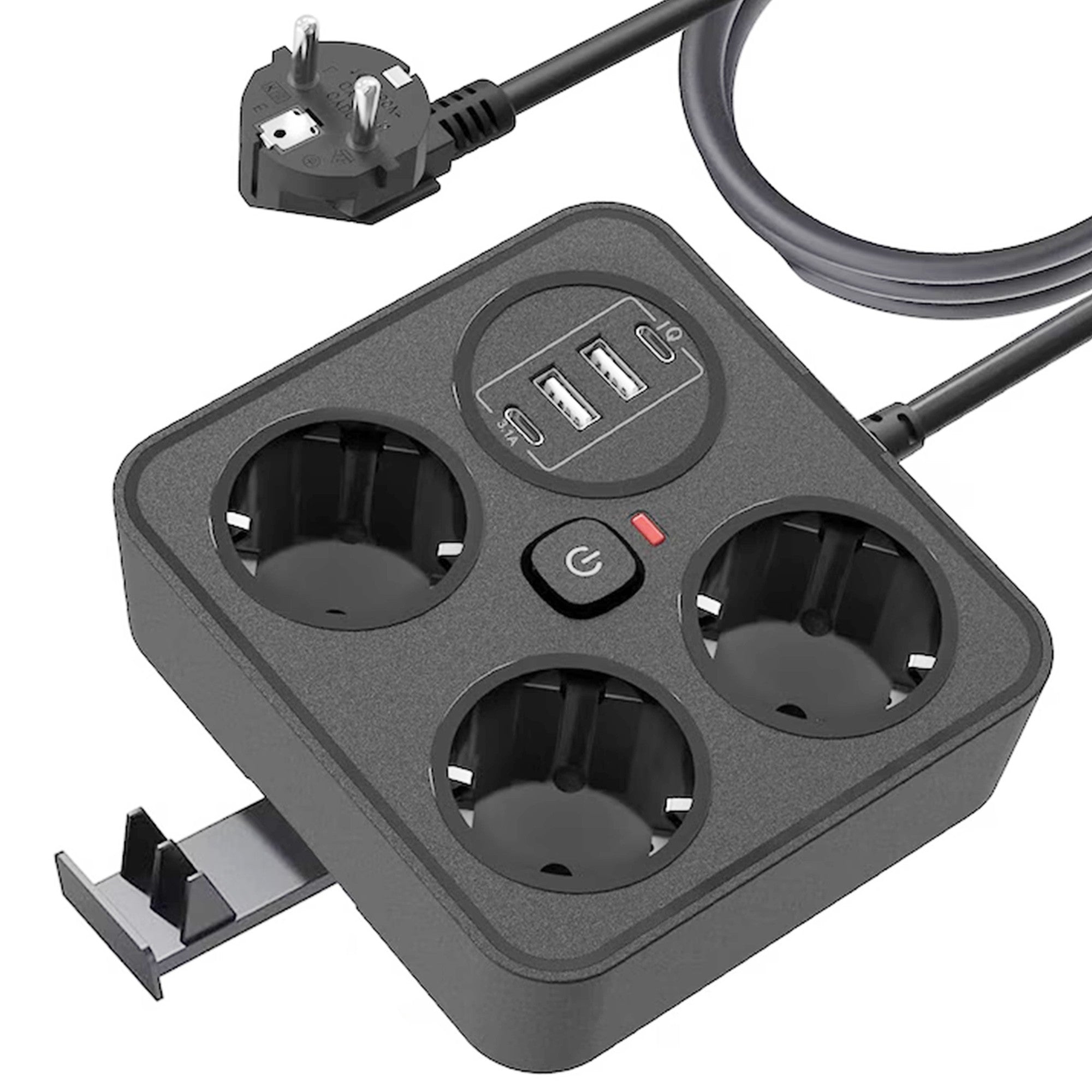 Prelungitor Multifunctional pentru Birou, 3 Prize, 2 USB-A, 2 TYPE-C, Suport pentru Telefon, 3250W, Lungime Cablu 2 m, 11.4 x 12.4 cm, Negru