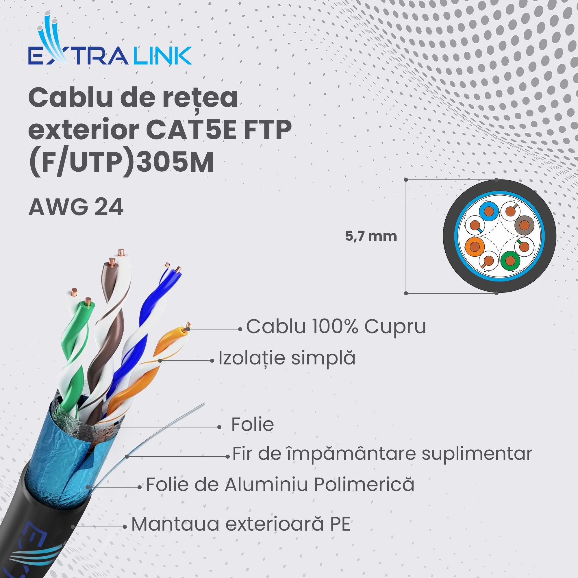 Extralink cablu retea de exterior FTP Cat.5E full cupru 305M "EX.8710"