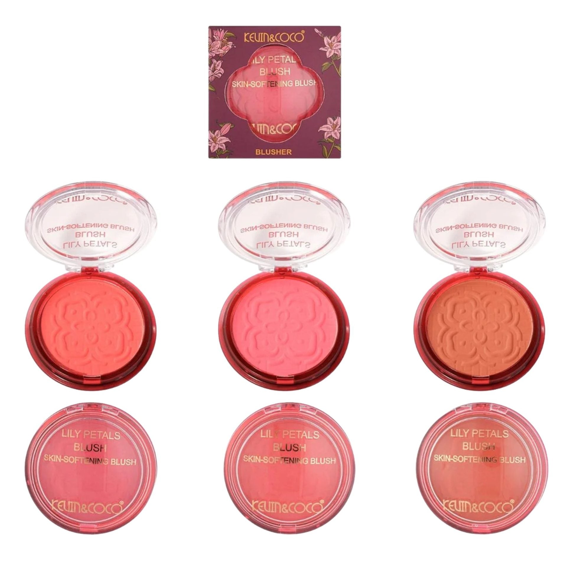 Blush Compact KEVIN & COCO Lily Petals, Model Eternity, 9.3 g, Finish Natural, Efect Proaspat si Luminos, 7.5 x 7.5 x 2.1 cm, Coral Pink