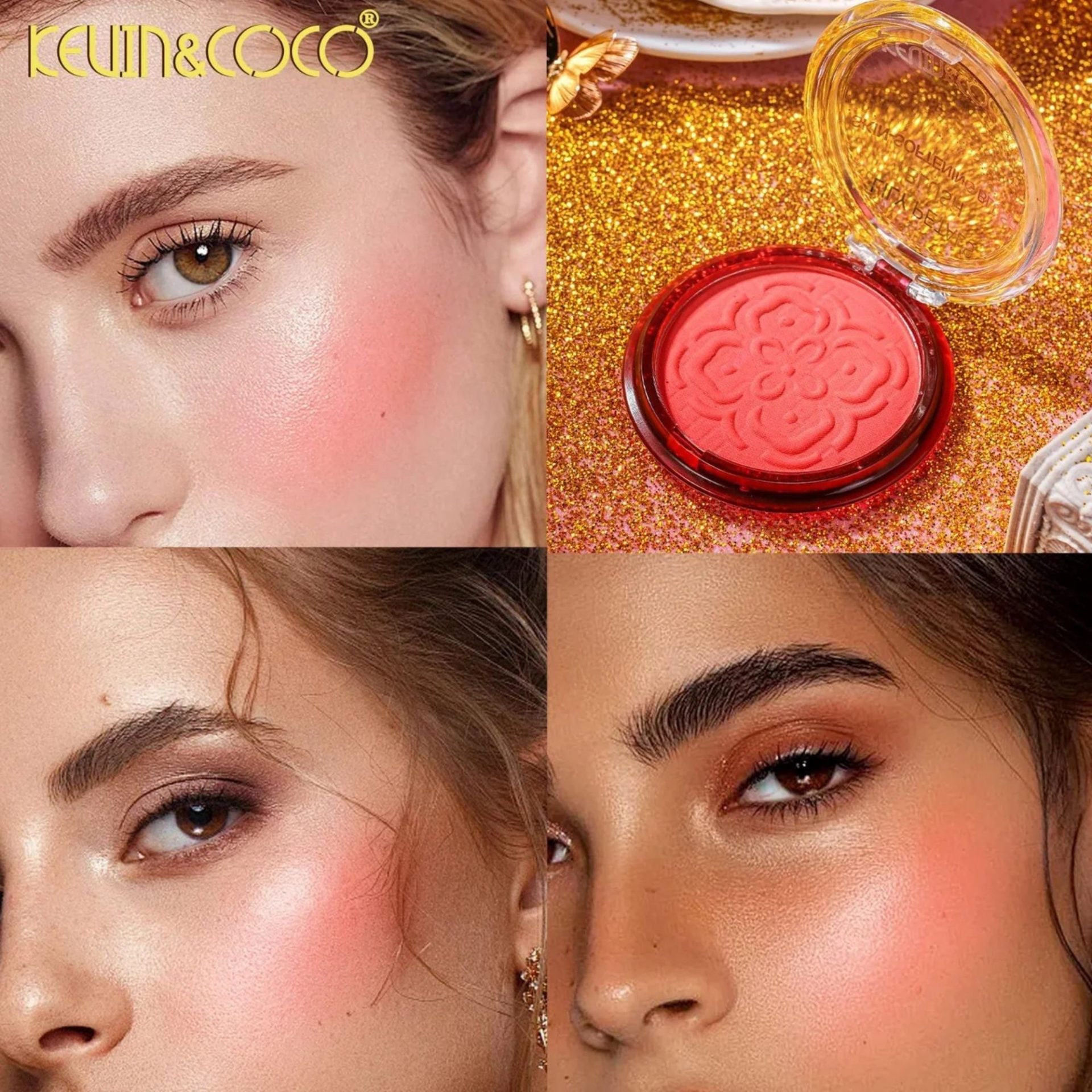 Blush Compact KEVIN & COCO Lily Petals, Model Eternity, 9.3 g, Finish Natural, Efect Proaspat si Luminos, 7.5 x 7.5 x 2.1 cm, Coral Pink