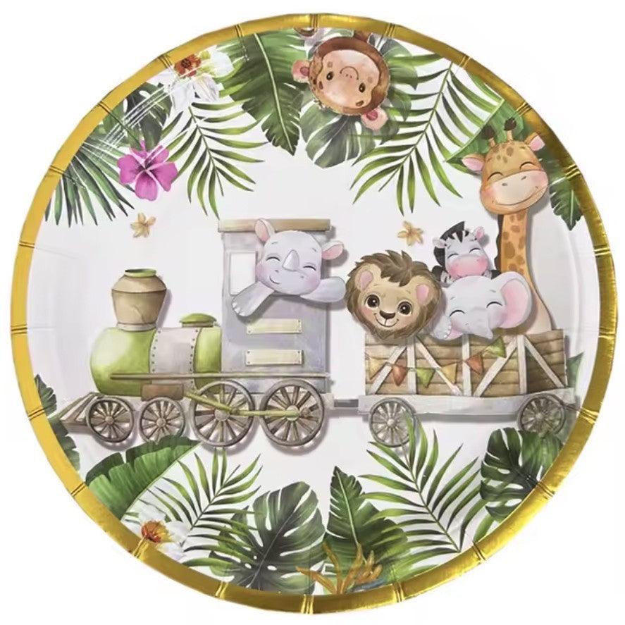 Farfurii Cartonate pentru Petreceri, Farfurii cartonate de unica Folosinta pentru Zile de Nastere, Model Safari cu animale, set 10 buc, Diametru 23 cm, Multicolor