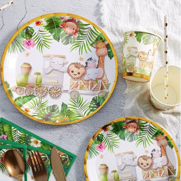 Farfurii Cartonate pentru Petreceri, Farfurii cartonate de unica Folosinta pentru Zile de Nastere, Model Safari cu animale, set 10 buc, Diametru 23 cm, Multicolor