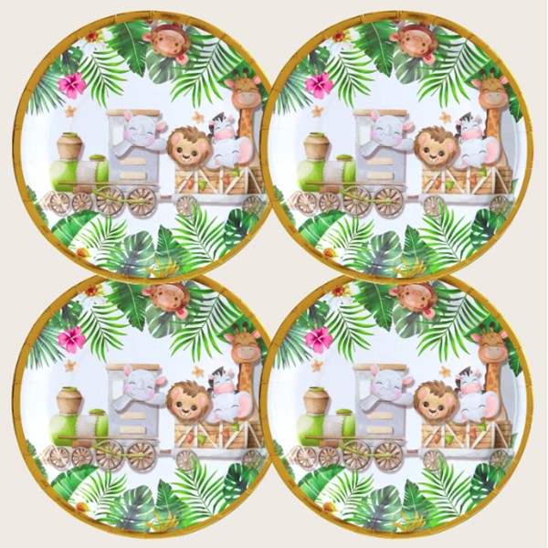 Farfurii Cartonate pentru Petreceri, Farfurii cartonate de unica Folosinta pentru Zile de Nastere, Model Safari cu animale, set 10 buc, Diametru 23 cm, Multicolor