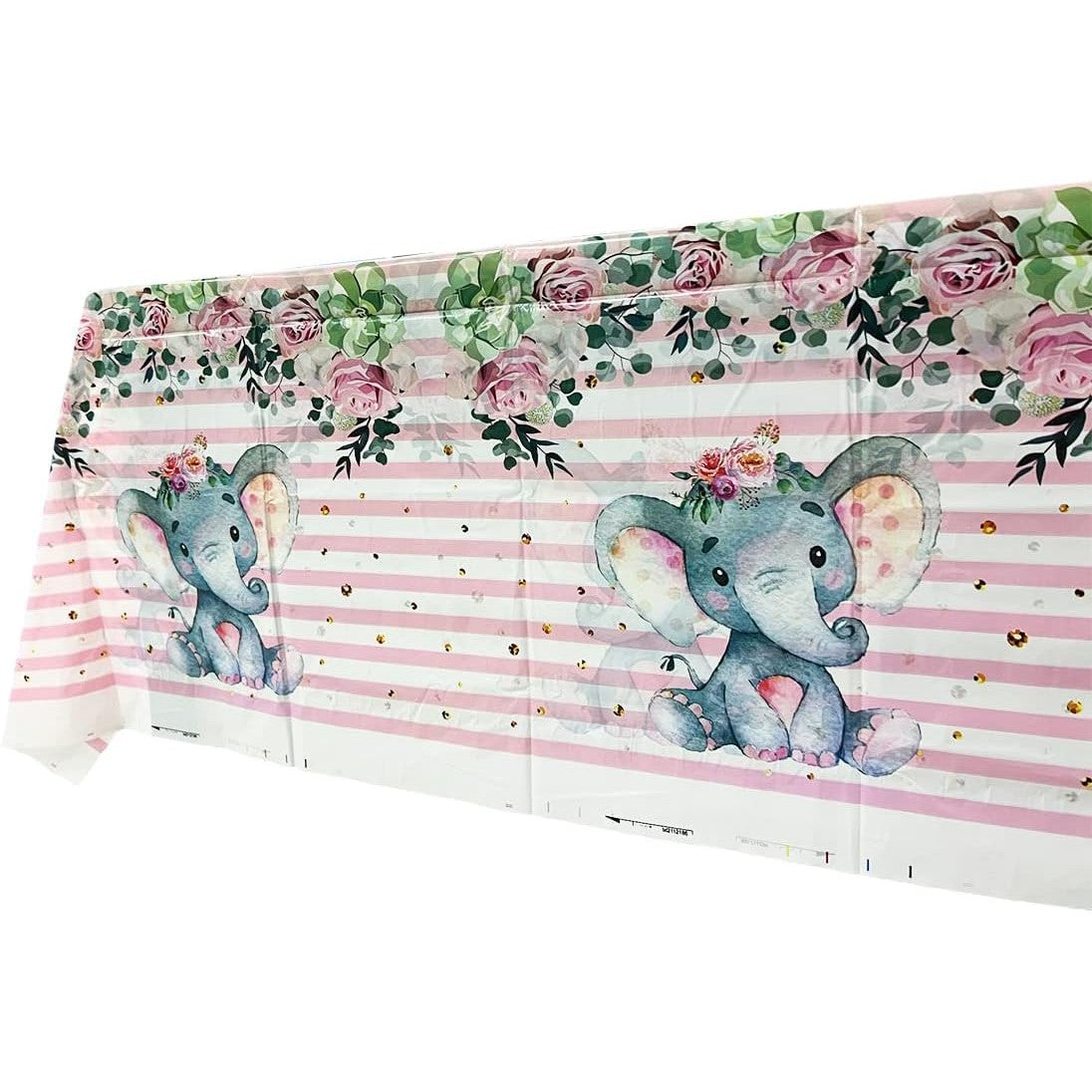 Fata de Masa, din Plastic, Imprimeu Elefanti, 180 x 108 cm, Roz