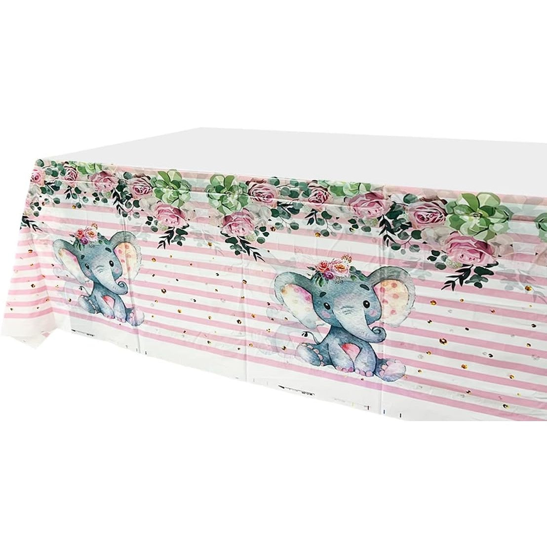 Fata de Masa, din Plastic, Imprimeu Elefanti, 180 x 108 cm, Roz