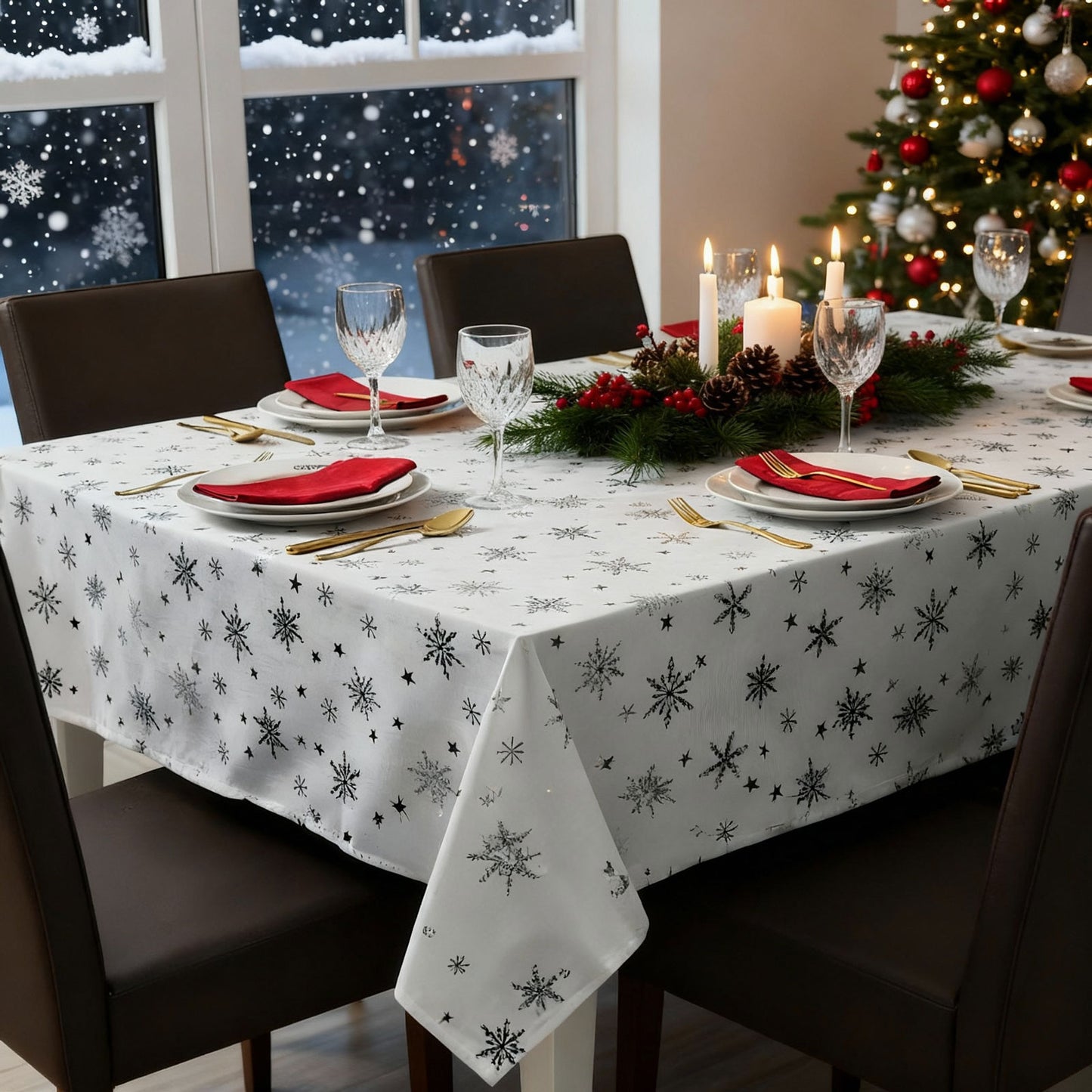 Față de masă decorativă – 140 x 240 cm – 100% poliester – model fulg de nea, culoare albă