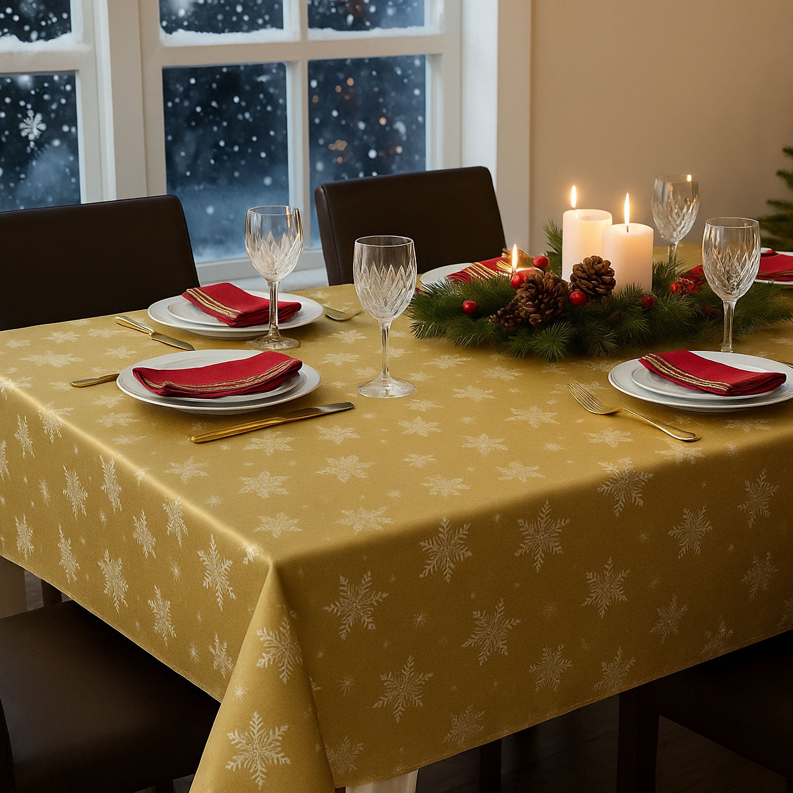 Față de masă decorativă – 140 x 240 cm – 100% poliester – model fulg de nea, culoare aurie