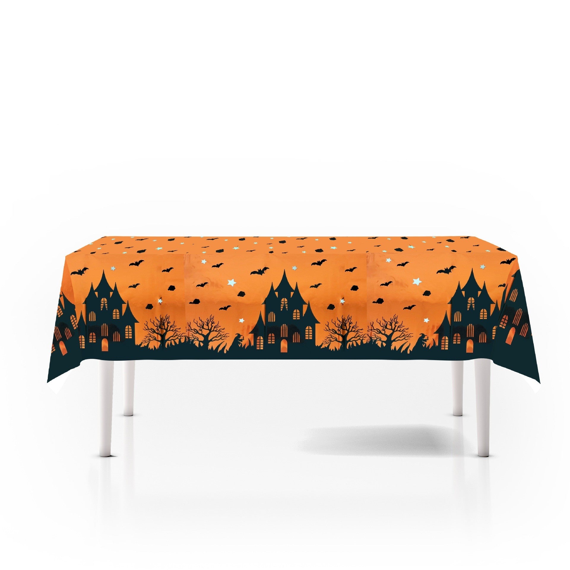 Fata de Masa, din Folie, Imprimeu Halloween - Casa Bantuita, 137 x 274 cm, Portocaliu