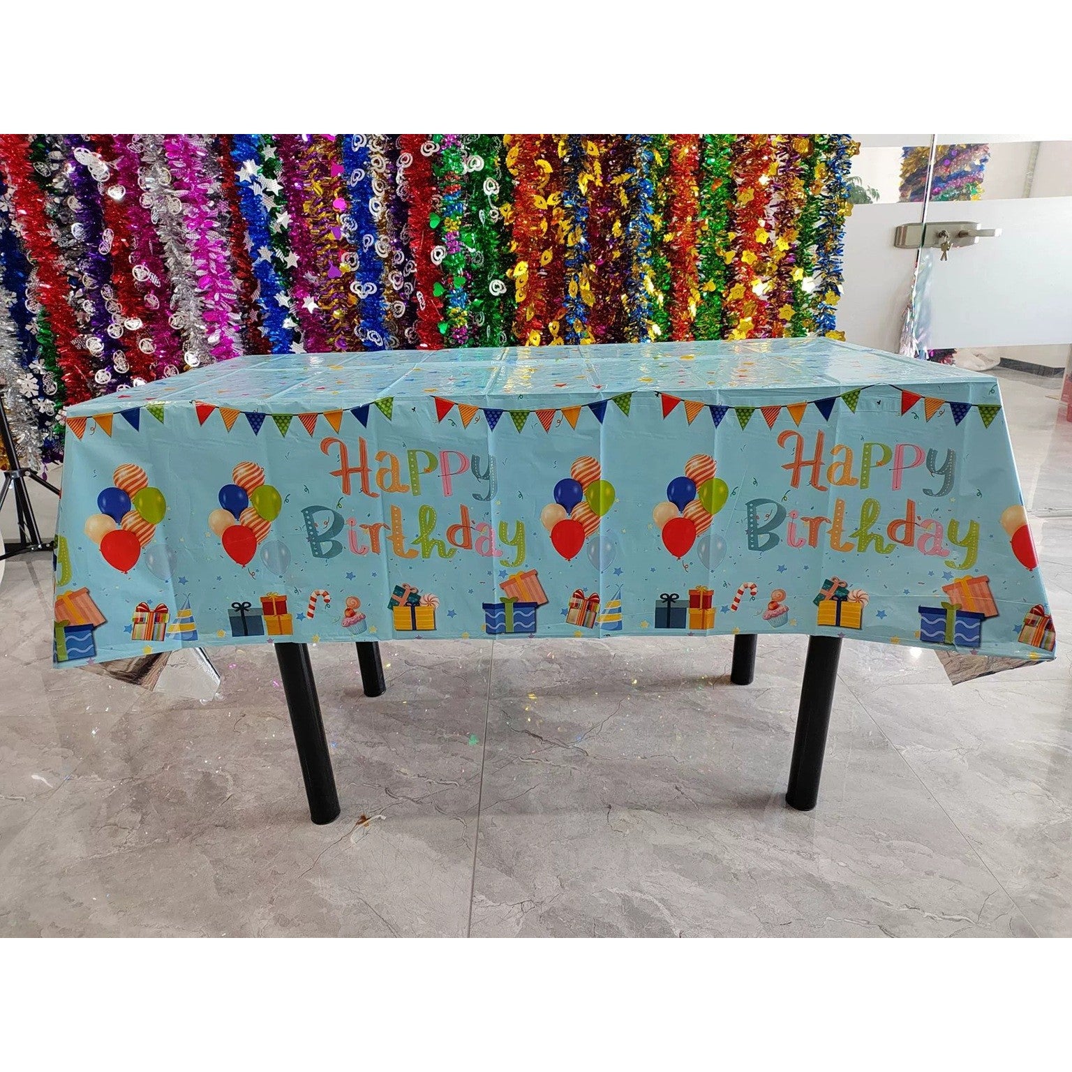 Fata de Masa, din Folie, Imprimeu Happy Birthday cu Baloane, 137 x 274 cm, Albastru