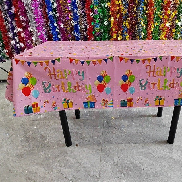 Fata de Masa, din Folie, Imprimeu Happy Birthday cu Baloane, 137 x 274 cm, Roz