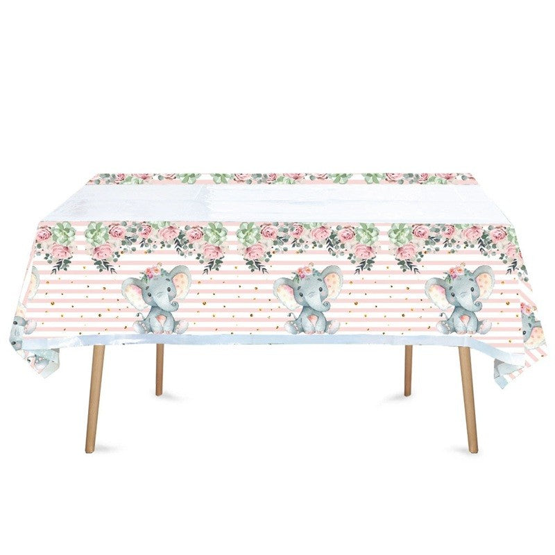 Fata de Masa, din Plastic, Imprimeu Elefanti, 180 x 108 cm, Roz
