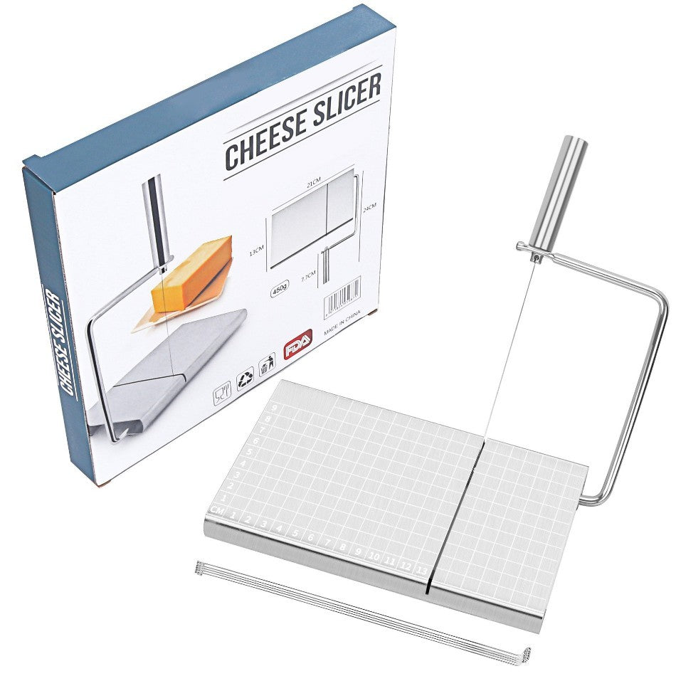 Feliator manual pentru cascaval, salam, prajituri, unt, din otel inoxidabil, usor de curatat si utilizat, 5 lame de schimb incluse, picioare antiderapante, 21 x 12.2 x 2.8 cm, argintiu