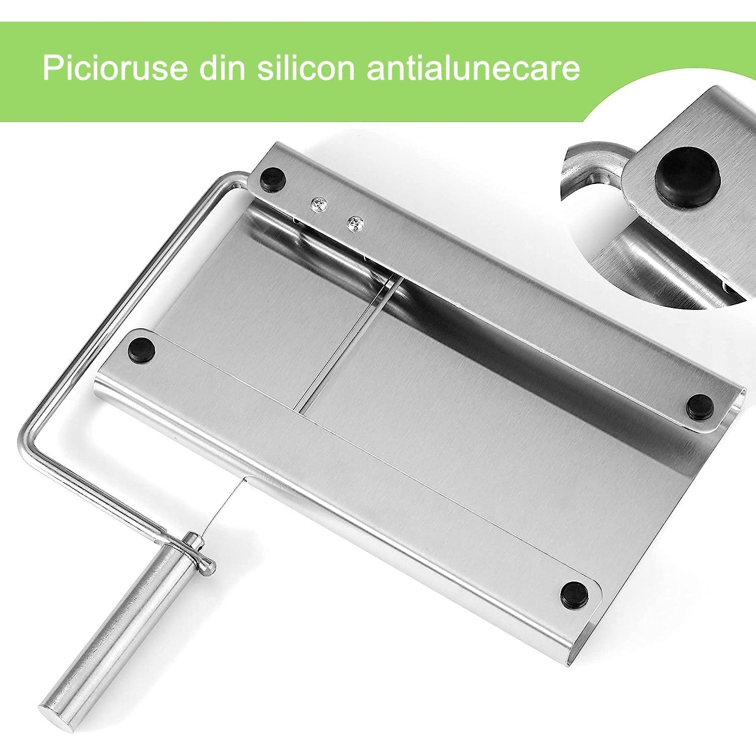 Feliator manual pentru cascaval, salam, prajituri, unt, din otel inoxidabil, usor de curatat si utilizat, 5 lame de schimb incluse, picioare antiderapante, 21 x 12.2 x 2.8 cm, argintiu